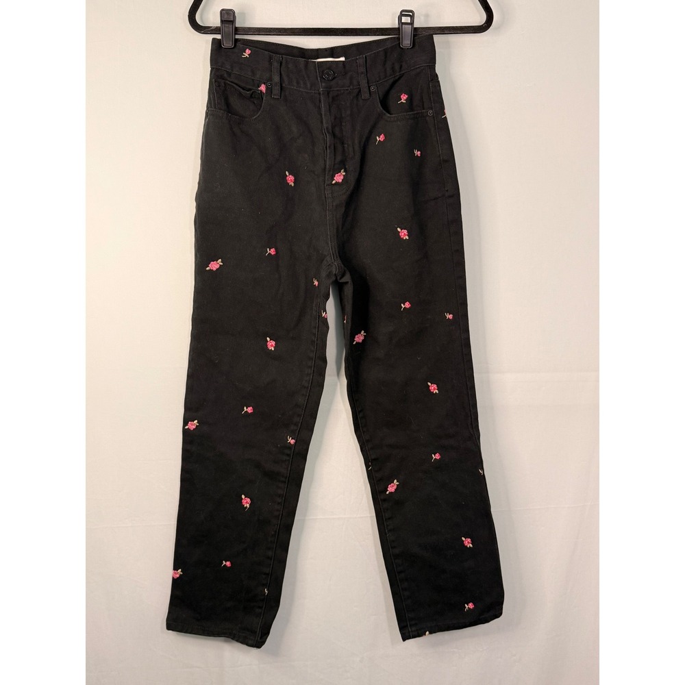 PacSun High Rise Straight Jeans Womens 26 Black Rose Floral Embroidered Denim - Picture 1 of 9